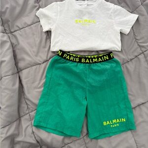 Balmain Kids Teal Swim Shorts with Yellow Accents